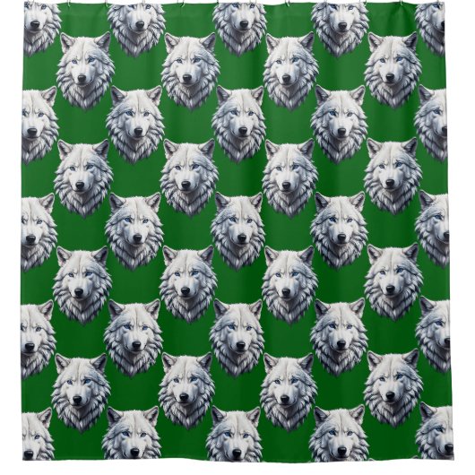 Weißer Wolfkopf-Musterdesign Grün Duschvorhang (Vorderseite)