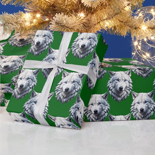 Weißer Wolfkopf-Musterdesign Grün Geschenkpapier
