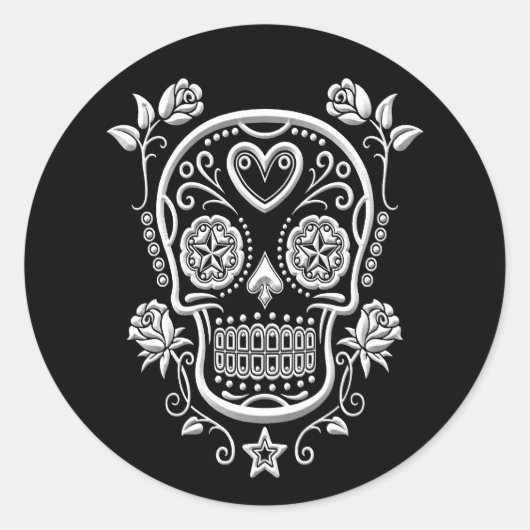 Weißer Zuckerschädel mit Rose auf schwarz Runder Aufkleber (Vorderseite)