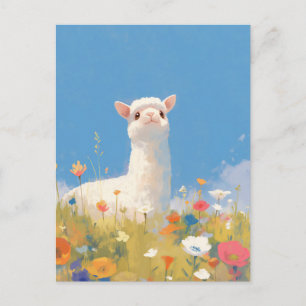 Weißes Alpaka auf einer bunten Wildblumenwiese Postkarte