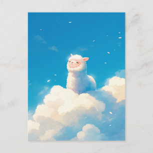 Weißes Alpaka sitzt auf einer flauschigen Wolke Bl Postkarte