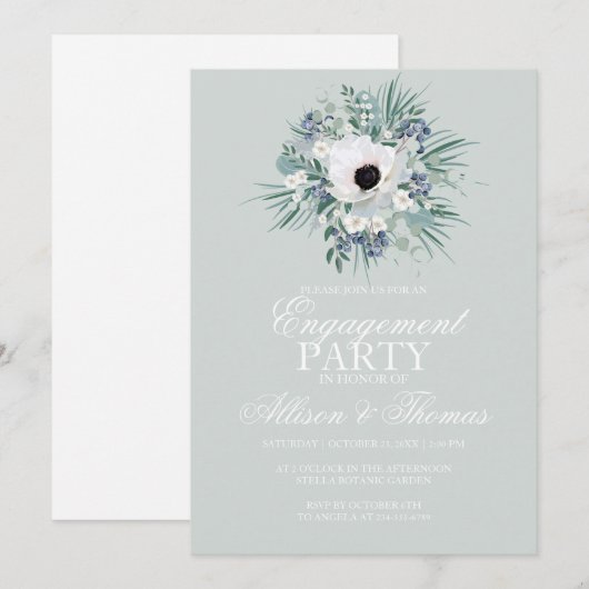 Weißes Anemon-Grün Einladung (Vorne/Hinten)