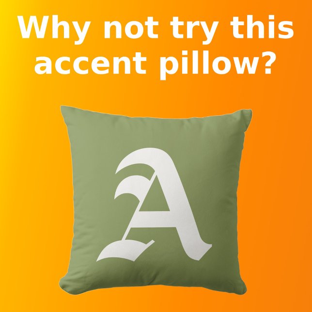 Weißes Anfangsmonogramm auf Olive Green Minimalist Kissen (Front with Background)