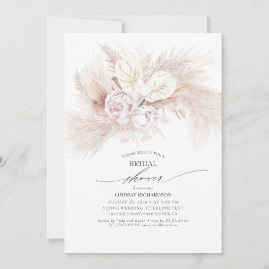 Weißes Anthurium und Pampas-Gras-Brautparty Einladung (Vorderseite)