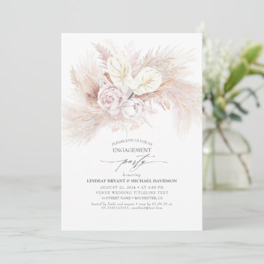 Weißes Anthurium und Pampas-Gras-Engagement Einladung (Stehend Vorderseite)