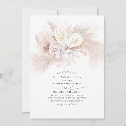 Weißes Anthurium und Pampas Gras Probe Abendessen Einladung (Vorderseite)