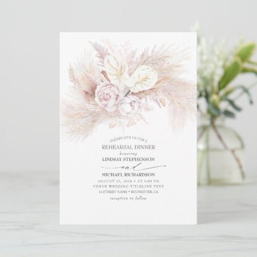 Weißes Anthurium und Pampas Gras Probe Abendessen Einladung (Stehend Vorderseite)