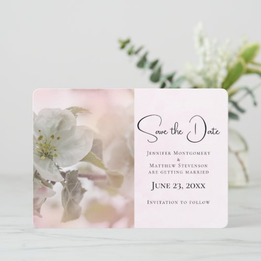 Weißes Apfelblütenfoto Save The Date (Stehend Vorderseite)