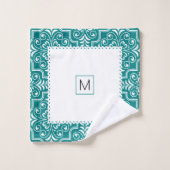 Weißes aquamarines Damastmuster, weiße, geschmolze Badhandtuch Set (Waschlappen)