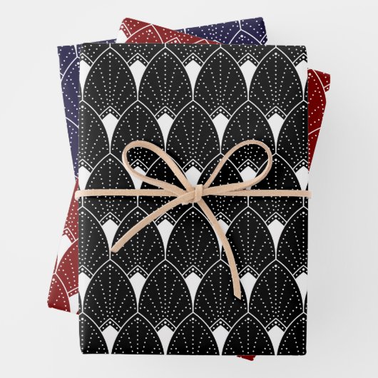 Weißes Art Deco-Muster auf Schwarz Geschenkpapier Set (Beispiel)