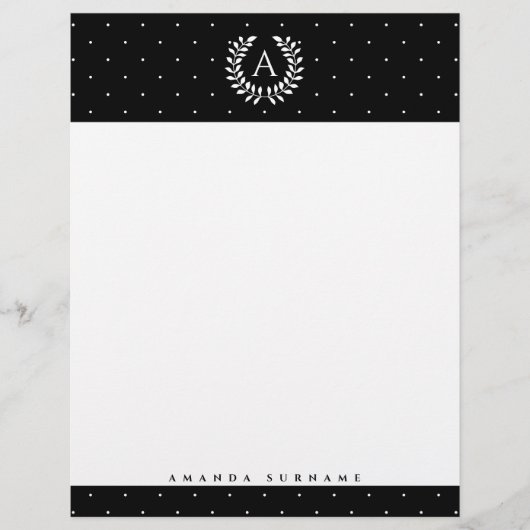 Weißes auf schwarzem Lorbeer-Monogramm-Polka-Punkt Briefbogen (Vorderseite)