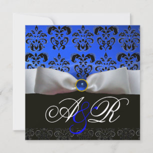 WEIßES BAND BLAUER SAPHIR SCHWARZ  DAMAST MONOGRAM EINLADUNG