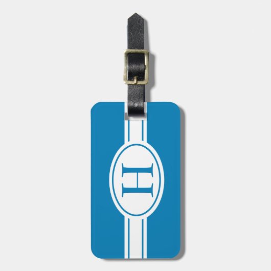 Weißes Band und ovales Schild mit Monogramm auf bl Gepäckanhänger (Vorderseite vertikal)