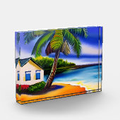 Weißes Beach House und Blaues Wasser Fotoblock (Links)