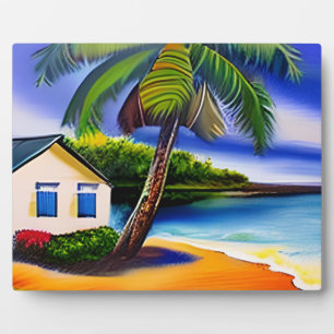 Weißes Beach House und Blaues Wasser Fotoplatte