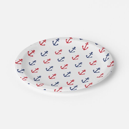 Weißes Blaues Nautikmuster Pappteller (Schrägansicht)