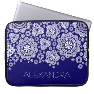 Weißes & Blaues Retro-Ornament Kreise-Monogramm Laptopschutzhülle