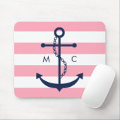 Weißes blaues rosa Monogramm Stripes Anker Mousepad (Mit Mouse)