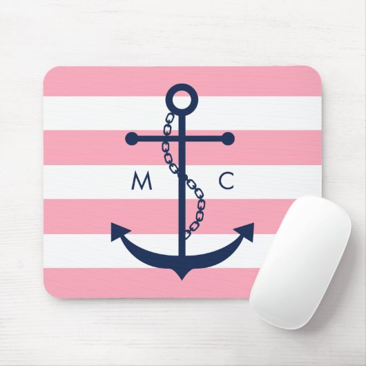 Weißes blaues rosa Monogramm Stripes Anker Mousepad (Mit Mouse)