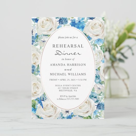 Weißes blaues Sage Grünes Probe Abendessen Einladung (Stehend Vorderseite)