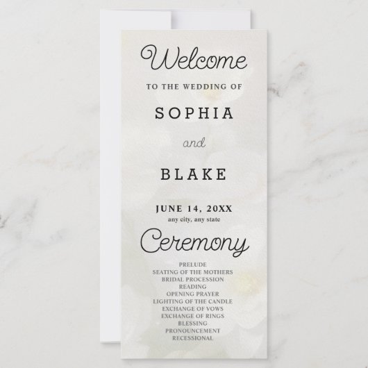 Weißes Blume-Blassgelbes Hochzeitsprogramm (Vorderseite)