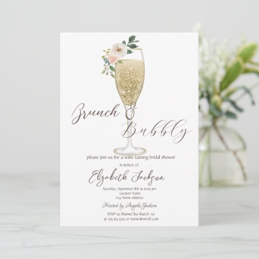 Weißes Blume Champagner Brunch & Bubbly Einladung (Stehend Vorderseite)