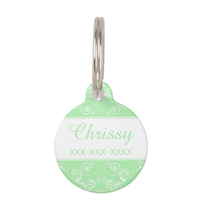 Weißes Blumendesign auf Pastell Green Personalisie Haustiermarke (Vorderseite)