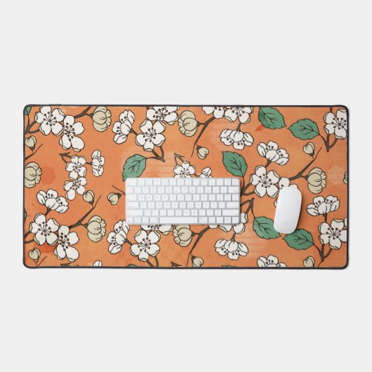 Weißes Blumendesign in Orange Schreibtischunterlage (Tastatur & Maus)