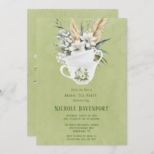 Weißes Blumengrün bemalt Bridal Tea Party Einladung (Vorne/Hinten)