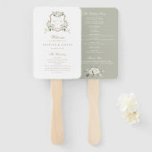 Weißes Blumengrün Sage Monogram Wappen Hochzeit Fächer (Vorne und Hinten)