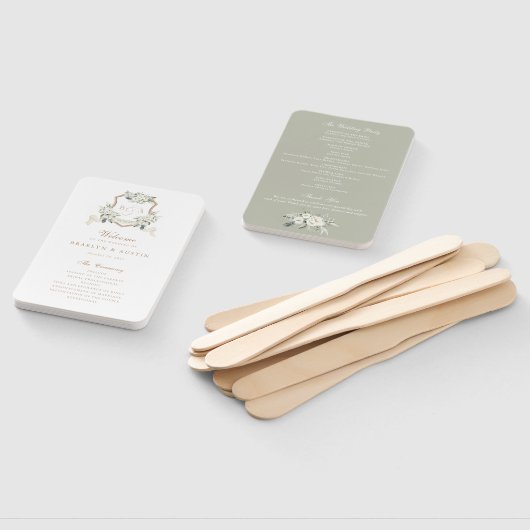 Weißes Blumengrün Sage Monogram Wappen Hochzeit Fächer (Non-assembled)