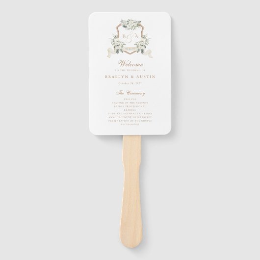 Weißes Blumengrün Sage Monogram Wappen Hochzeit Fächer (Vorderseite)