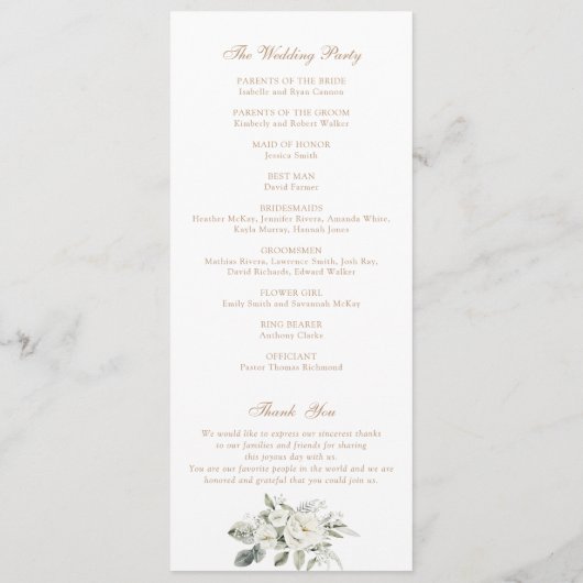 Weißes Blumengrün Sage Monogram Wappen Hochzeit Programm (Rückseite)