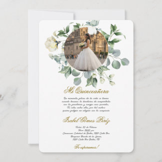 Weißes Blumenkleid Quinceanera mit Bild  Einladung