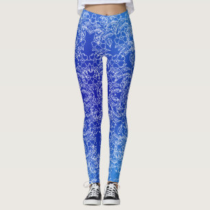 Weißes Blumenmuster auf blau Leggings
