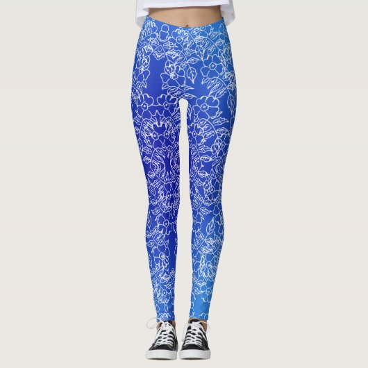 Weißes Blumenmuster auf blau Leggings (Vorderseite)