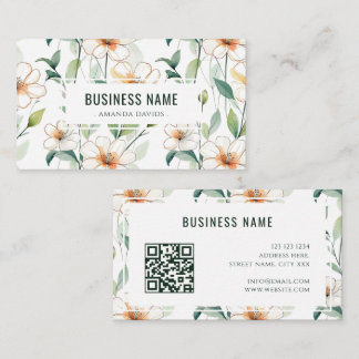 Weißes Blumenmuster Grüne Grünpflanzen QR-Code Visitenkarte