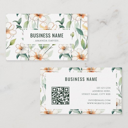 Weißes Blumenmuster Grüne Grünpflanzen QR-Code Visitenkarte (Vorne/Hinten)