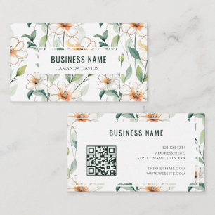 Weißes Blumenmuster Grüne Pflanzen QR-Code Visitenkarte