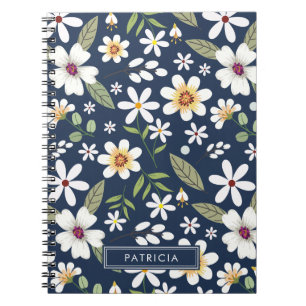 Weißes Blumenmuster Navy Blue Personalisiert Notizblock