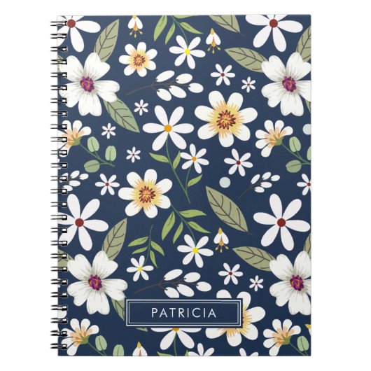 Weißes Blumenmuster Navy Blue Personalisiert Notizblock (Vorderseite)