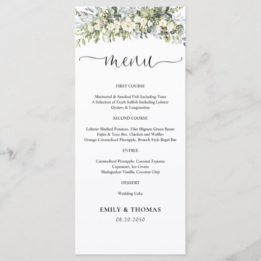 Weißes Blumiges Hochzeitsmenü Menükarte (Vorderseite)