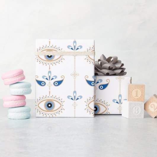 Weißes bohemian-retro-Böser-Blick-Muster Geschenkpapier (Babyparty)