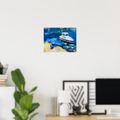 weißes Boot auf dem Meer Poster (Heimbüro)