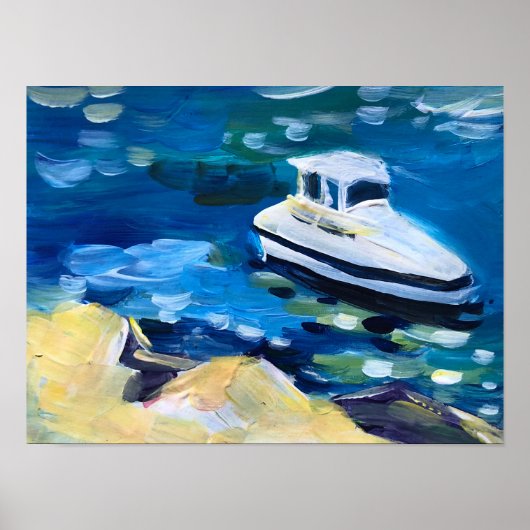 weißes Boot auf dem Meer Poster (Vorne)