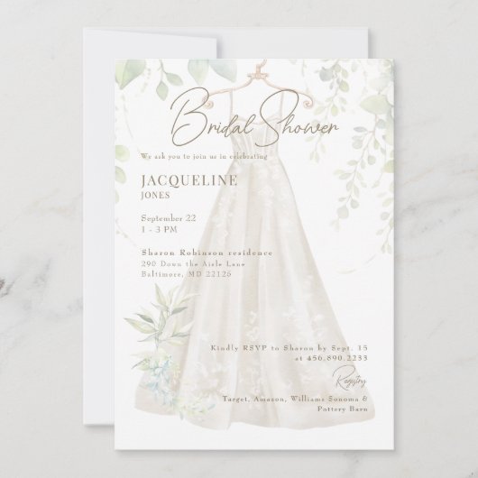 Weißes botanisches Hochzeitskleid Brautparty II Einladung (Vorderseite)