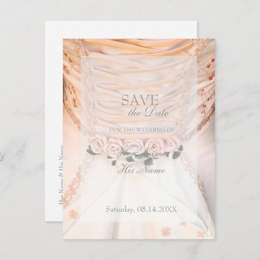 Weißes Brautkleid mit Rose SAVE THE DATE Ankündigungspostkarte (Vorne/Hinten)