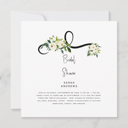 Weißes Brautparty mit Blumen B/W Square Einladung (Vorderseite)
