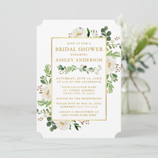 Weißes Brautparty mit weißem Blumenmotiv Einladung (Stehend Vorderseite)