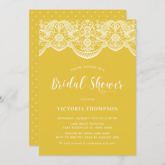 Weißes Brocade-Lace Gelbes Brautparty Einladung (Vorne/Hinten)